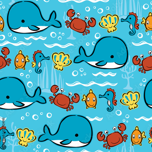 Seamless pattern vector of hand drawn marine animals cartoon