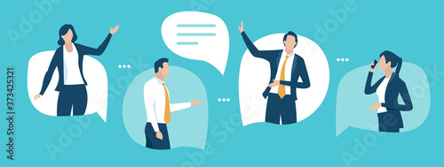 Discussion. Communication concept. Business people talking standing in the speech bubbles. Vector illustration.