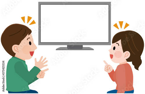 テレビ画面を見て笑う男女　イラスト