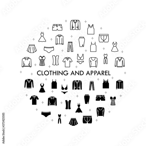 Clothing line icon set. Vector Illustration Included Icon as shirt, t-shirt, sweater, pants, shorts, skirt, dress, underwear. Flat Pictogram for fashion application