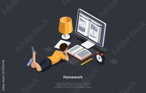 Education, Studying Concept. Student In Learning Process. Kid Lying In Front Of The Screen Studying, Checking Mail And Reading Books, Doing His Homework. Colorful 3d Isometric Vector Illustration
