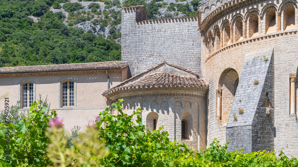 Obraz premium Abbaye d'un village provençal du sud de la France. Village de Saint Guilhem le désert, étape de saint Jacques de Compostelle, Occitanie, France.
