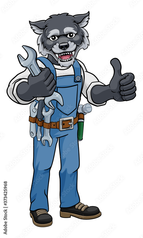 A wolf cartoon animal mascot plumber, mechanic or handyman builder construction maintenance contractor holding a spanner or wrench and giving a thumbs up