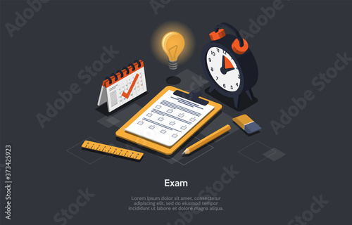 Education And Exam Concept. A Set Of Colorful Exam Accessories. Checklist And Pencil, Taking Test, Choosing Answer, Questionnaire Form, Clock, Calendar And Lightbulb. 3d Isometric Vector Illustration