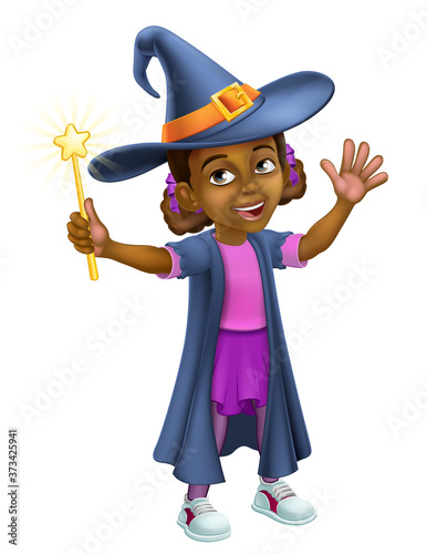 A young black little girl cartoon child character dressed in Halloween witch costume holding a magic wand