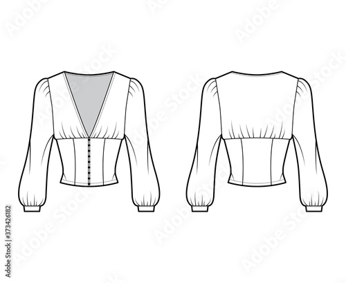 Cropped top technical fashion illustration with long bishop sleeves, puffed shoulders, front button fastenings. Flat apparel shirt template front back white color. Women men, unisex blouse CAD mockup