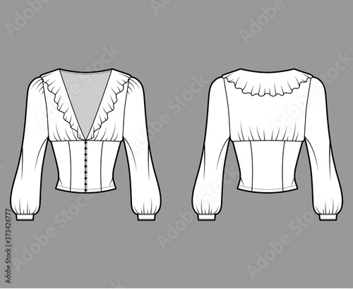 Ruffled cropped blouse technical fashion illustration with long bishop sleeves, puffed shoulders, front button fastenings. Flat apparel top template front, back white color. Women men unisex shirt CAD