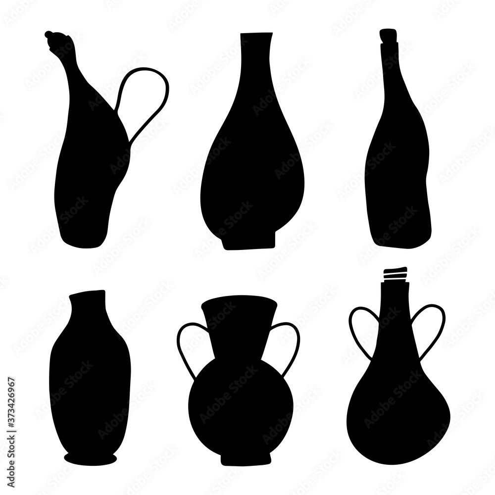 Set of hand drawn vases, pitcher for drinks and bottles isolated on a white background. Doodle, simple illustration, the silhouettes of the elements. It can be used for decoration of textile, paper. Set of hand drawn vases, pitcher for drinks and bottles isolated on a white background. Doodle, simple illustration, the silhouettes of the elements. It can be used for decoration of textile, paper.