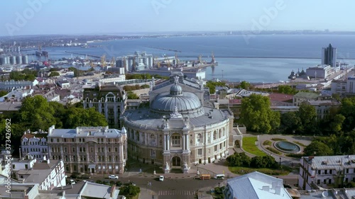 Air panorama of city center, sea port and Opera and Ballet Theater in Odessa Ukraine. Drone footage at sunny day. photo