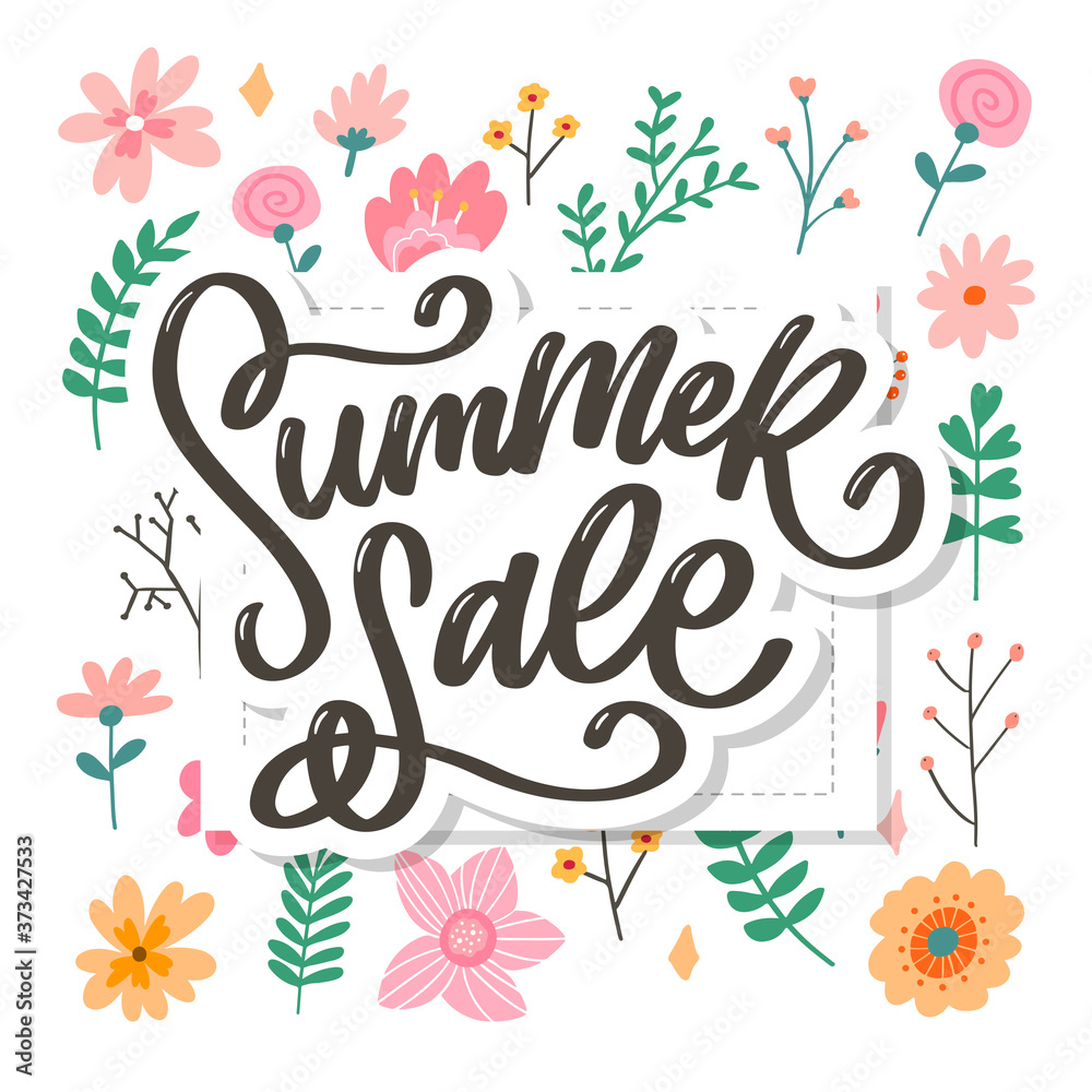 Trendy floral vector template. Summer flowers and Summer sale lettering illustration.