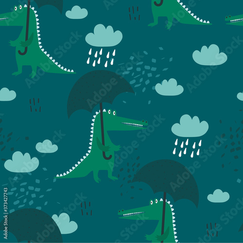 Seamless pattern, crocodiles with umbrellas, hand drawn overlapping backdrop. Colorful background vector. Illustration with animals, sky. Decorative wallpaper, good for printing