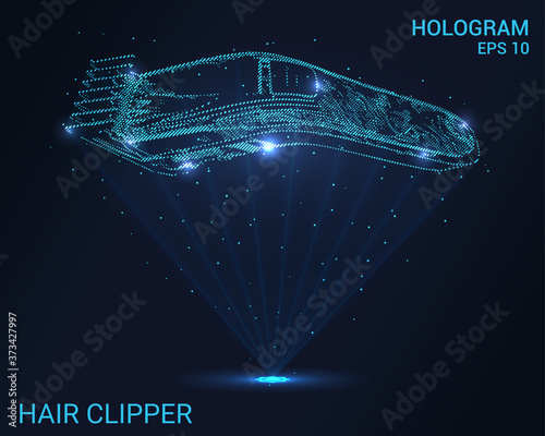 Hair clipper hologram. Holographic projection hair clipper. A flickering energy stream of particles. Scientific design hair clipper.