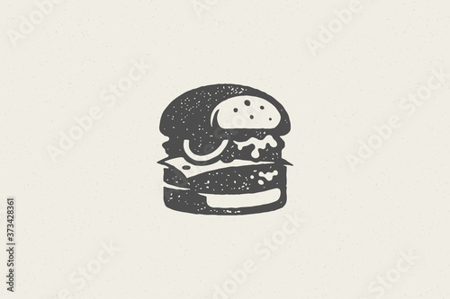Big burger silhouette as logo fast food service hand drawn stamp effect vector illustration.