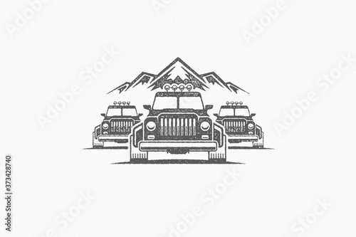Silhouette of off road cars near mountain range during trip countryside hand drawn stamp effect vector illustration