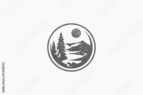 Round emblem with forest trees and mountain ridge silhouette of trekking hand drawn stamp effect vector illustration.