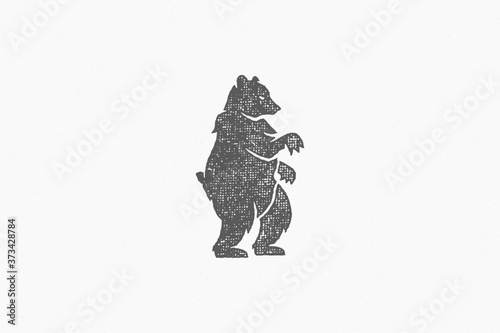 Black silhouette wild bear standing as emblem of nature exploration hand drawn stamp effect vector illustration.