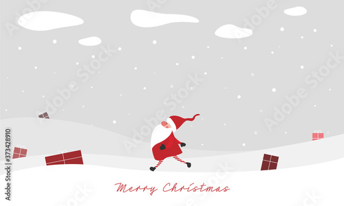 Merry Christmas - Geschenkkarte, Weihnachtswichtel marschiert durch Winterlandschaft, Geschenke liegen im Schnee versteckt, Banner