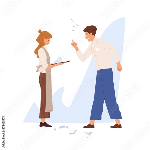 Angry restaurant manager shout at waitress holding tray with broken dishes. Conflict or dismissal scene. Cafe aggressive administrator intimidates waitress in apron. Flat vector cartoon illustration