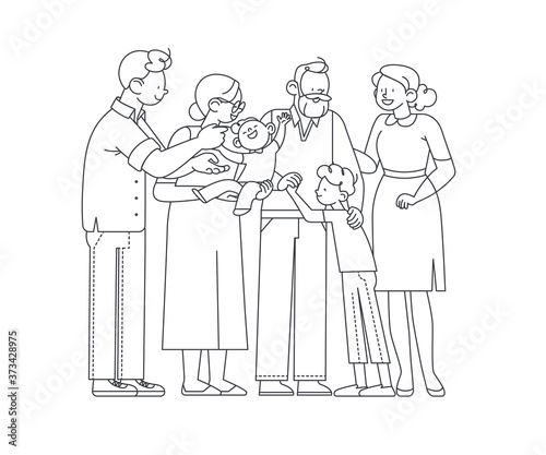 Family portrait, parents, grandparents and children standing together, chatting, hug each other happy isolated on white background. Flat cartoon outline vector illustration.
