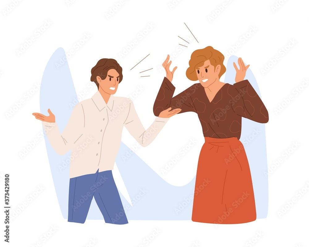 Aggressive people scream loud. Angry colleague or family couple quarrel.  Irritated wife and husband conflict, scene of argue, relationship problems.  Flat vector cartoon illustration. Stock Vector | Adobe Stock