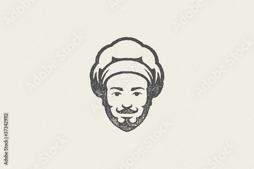 Logo icon head of smiling male cook silhouette in chef hat hand drawn stamp effect vector illustration