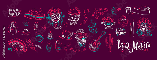 Collection of traditional Mexico, muertos lettering decor elements, skulls, flowers, candles, hand fan, sombrero hat, guitar cactus isolated. Hand drawn vintage retro style. Vector illustration.