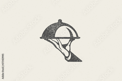 Silhouette hand of waiter carrying dish with cloche hand drawn stamp effect vector illustration.