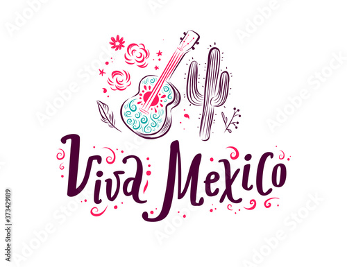 Vector illustration with traditional party decor elements, viva Mexico lettering flowers, guitar, cactus isolated on white background. For card, poster, sticker, emblem. Vintage hand drawn style.