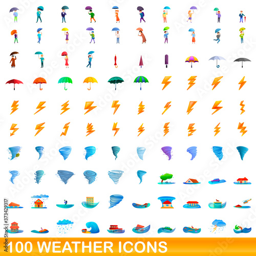 100 weather icons set. Cartoon illustration of 100 weather icons vector set isolated on white background