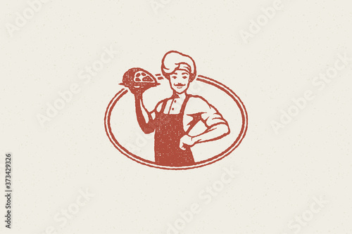 Male cook silhouette carrying plate with delicious meat hand drawn stamp effect vector illustration.