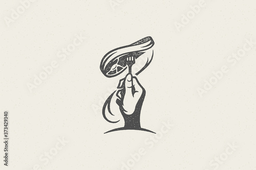 Human hand silhouette spinning meat steak on fork during dinner hand drawn stamp effect vector illustration.