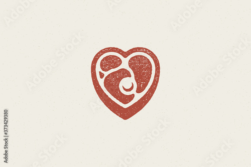 Heart shaped pieced of fresh meat steak silhouette hand drawn stamp effect vector illustration.