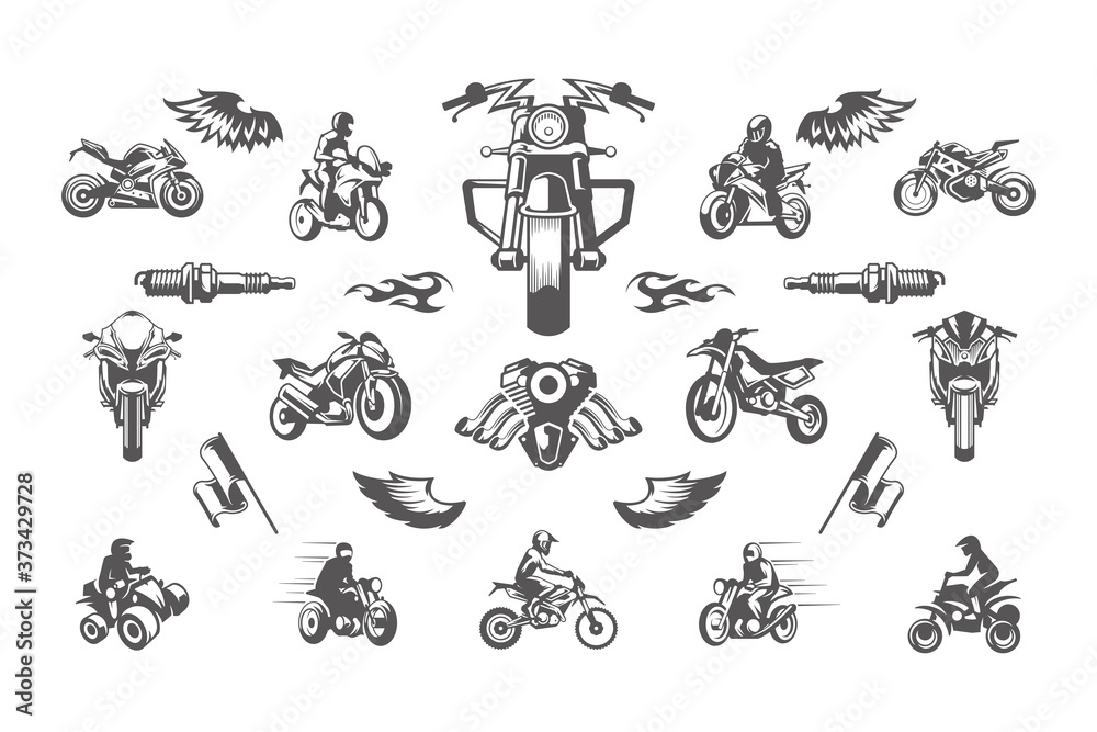 Fototapeta premium Vintage custom motorcycles silhouettes and icons isolated on white background vector illutrations set.