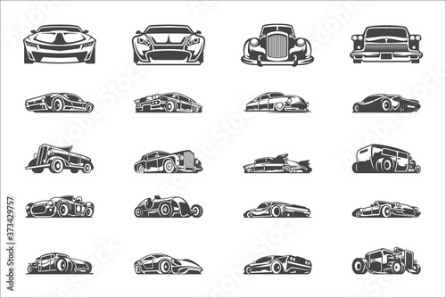 Vintage classic car silhouettes and icons isolated on white background vector illutrations set.