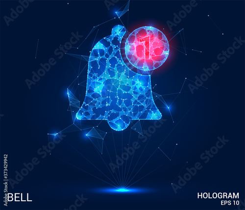 A hologram of a bell. Notifications of polygons, triangles of points, and lines. The bell is a low-poly compound structure. The technology concept.