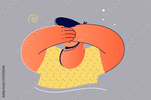 Emotion, face, expression, protection, shame, embarassment concept. Young frightened man boy guy teenager cartoon character standing and covering eyes with both hands hiding or protecting illustration
