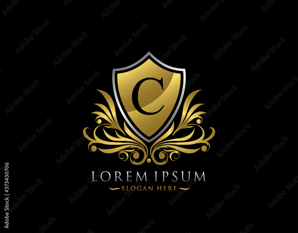 Luxury Shield C Letter Logo. Graceful Elegant gold shield icon design.