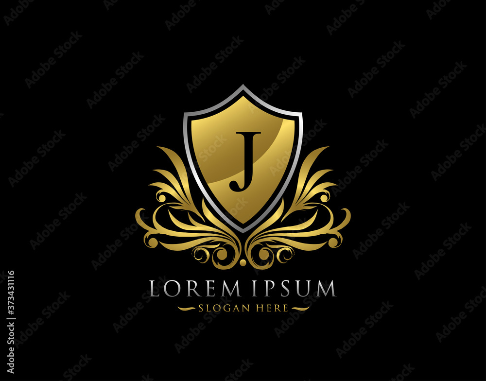 Luxury Shield J Letter Logo. Graceful Elegant gold shield icon design.