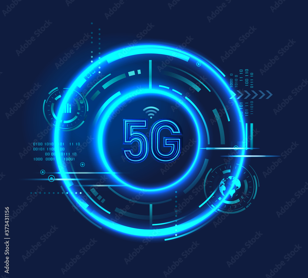 5G technology logo icon with digital circuit, neon light, futuristic Hud  vector. Wireless high speed internet connection. Mobile network background for standard Telecommunication.