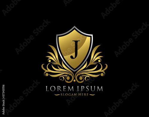 Luxury Shield J Letter Logo. Graceful Elegant gold shield icon design.
