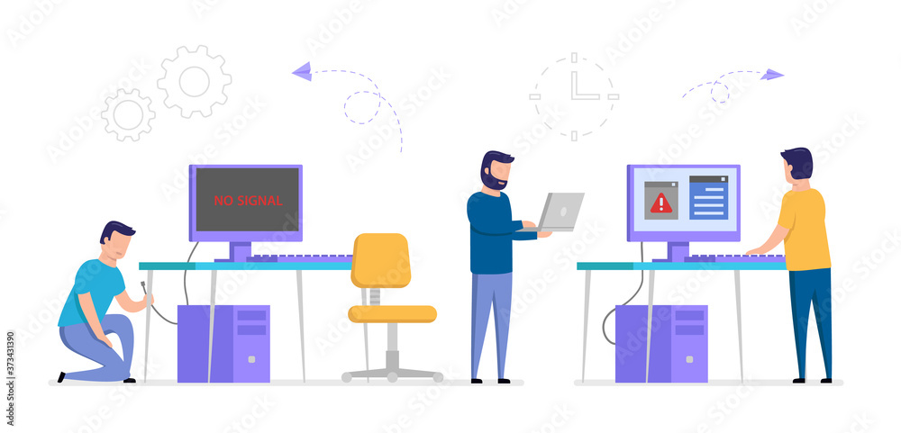 Internet Connection Problems Concept. No Signal Message On Monitor. Wireless Connectivity Disconnect, Error Connection Wi-fi. Annoyed People And Unplugged Computer. Vector Illustration In Flat Style Internet Connection Problems Concept. No Signal Message On Monitor. Wireless Connectivity Disconnect, Error Connection Wi-fi. Annoyed People And Unplugged Computer. Vector Illustration In Flat Style
