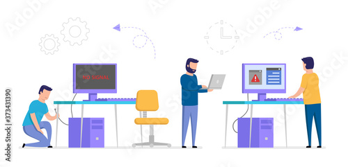 Internet Connection Problems Concept. No Signal Message On Monitor. Wireless Connectivity Disconnect, Error Connection Wi-fi. Annoyed People And Unplugged Computer. Vector Illustration In Flat Style