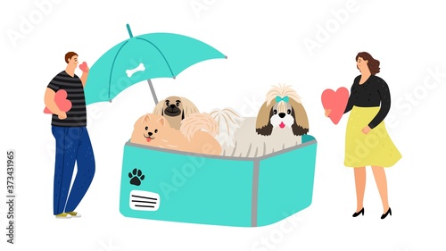 Dog protection. Dogs in box under umbrella. Cute pets and people, adopt animal or make donation vector concept