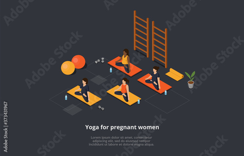 Yoga, Healthcare, Pregnancy And Maternity Concept. Pregnant Women In Lotus Position Sit On The Mats In Yoga Class. Balls And Dumbbells, Bottles With Water, Yoga Stuff. 3d Isometric Vector Illustration