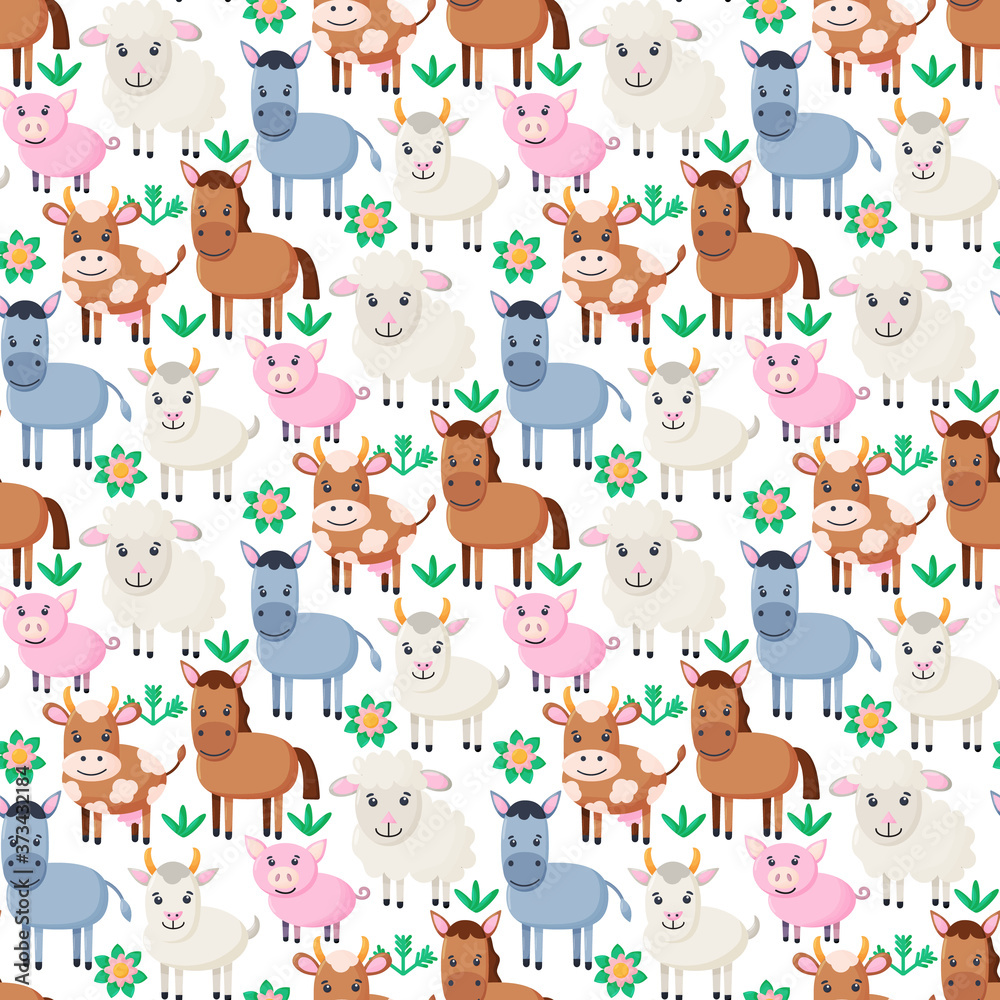 Farm animals seamless pattern. Collection of cartoon cute baby animals. Cow, sheep, goat, horse, donkey, pig. Flat vector illustration isolated.