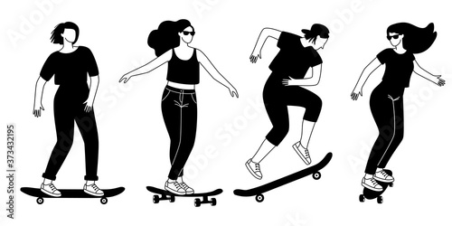 Street longboards silhouettes. Cartoon contour of young persons training tricks on skateboards, concept of street extreme sport, vector illustration of teenage outdoors active