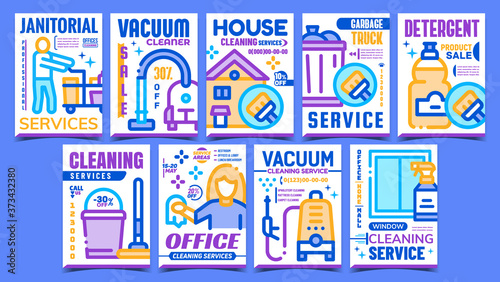 Cleaning Service Advertising Posters Set Vector. House And Office, Janitorial And Window Cleaning Service, Vacuum Cleaner Device And Detergent Product Sale Promo Banners. Concept Layout Illustrations