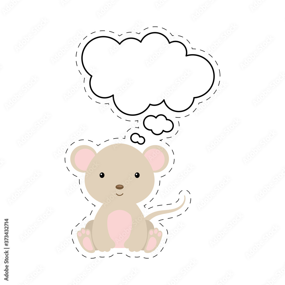 Cute cartoon mouse with speech bubble sticker. Kawaii character on white background. Cartoon sitting animal postcard clipart for birthday, baby shower, party event. Vector stock illustration. Cute cartoon mouse with speech bubble sticker. Kawaii character on white background. Cartoon sitting animal postcard clipart for birthday, baby shower, party event. Vector stock illustration.