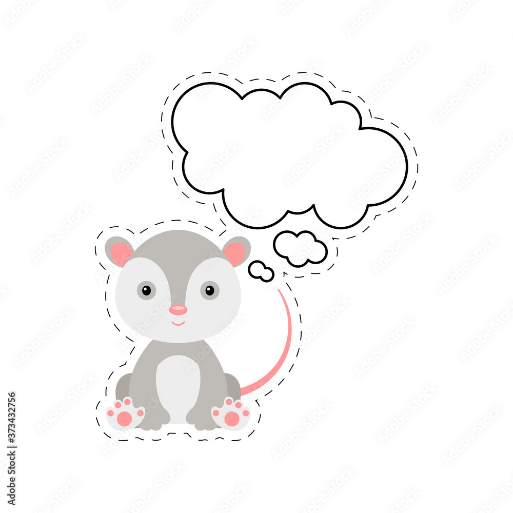 Cute cartoon opossum with speech bubble sticker. Kawaii character on white background. Cartoon sitting animal postcard clipart for birthday, baby shower, party event. Vector stock illustration. Cute cartoon opossum with speech bubble sticker. Kawaii character on white background. Cartoon sitting animal postcard clipart for birthday, baby shower, party event. Vector stock illustration.