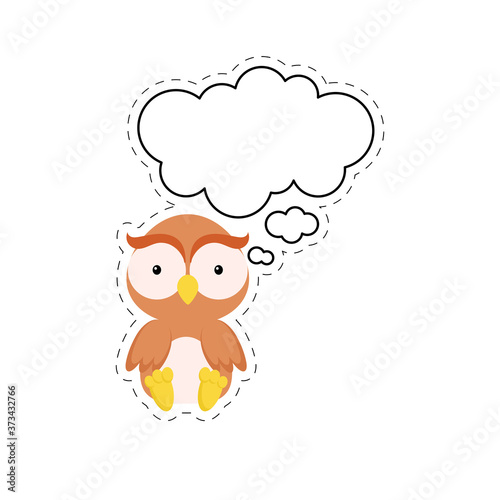 Cute cartoon owl with speech bubble sticker. Kawaii character on white background. Cartoon sitting animal postcard clipart for birthday, baby shower, party event. Vector stock illustration.